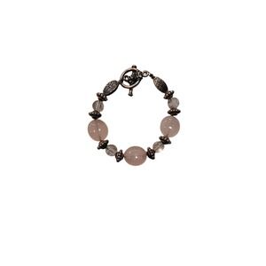 Rose Quartz Beaded Bracelet Silver Tone Floral Toggle Clasp Boho Pink‎ Clear